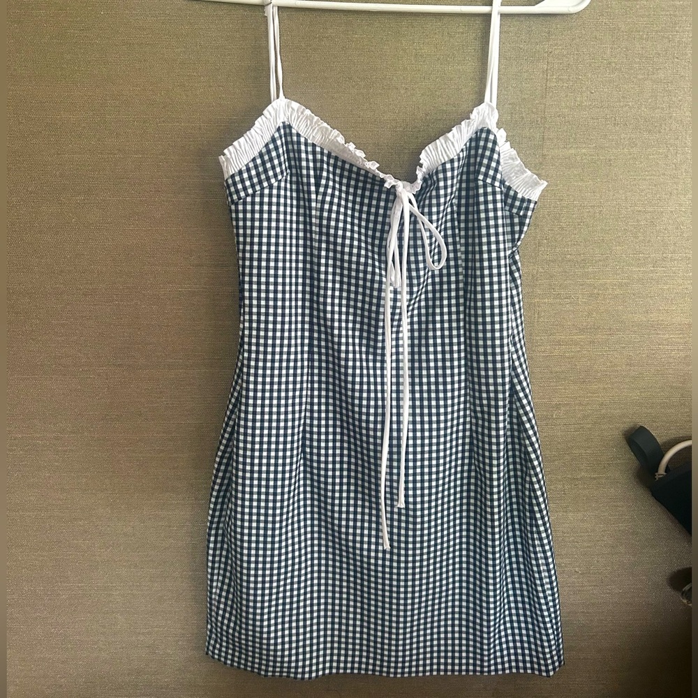 Zara navy and white gingham style mini dress with front tie bow